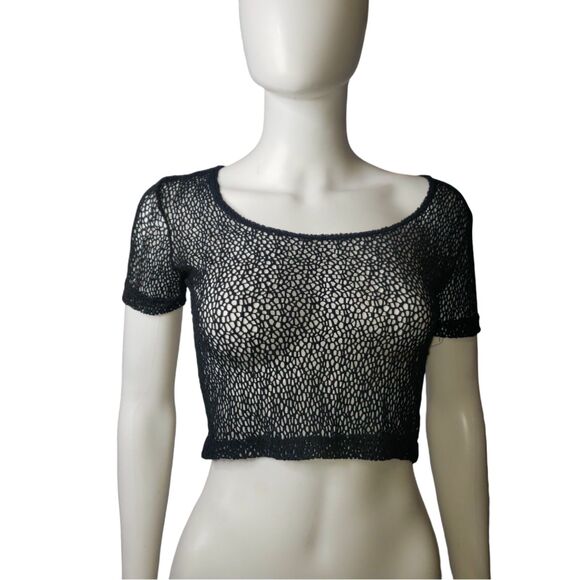 Vintage 80's COOL WEAR Black Fishnet Mesh Scoop Neck Cropped Top One Size - Picture 1 of 6